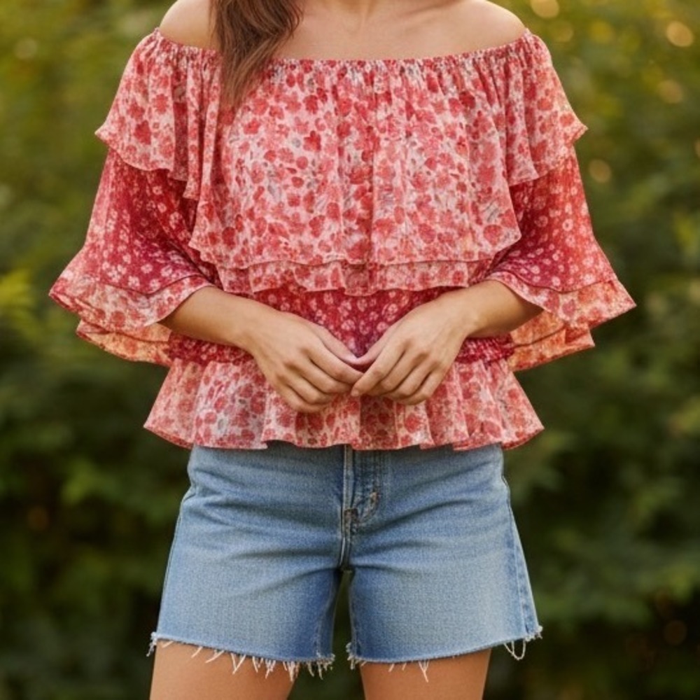 Est 1946 Womens XL Red Pink Floral Tiered Ruffle Off Shoulder Chiffon Blouse Top